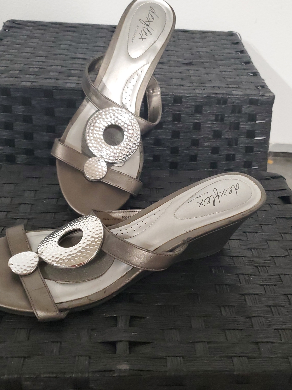 dexflex comfort metallic bronze wedge mules with decorative medallions